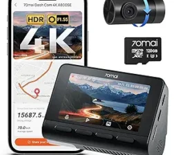70mai 4K Dash Cam Front and Rear, Built in Wi-Fi 6 & GPS Car Camera, Super Night Vision, ADAS, 3'' IPS Screen, 24H Parking Mode, Time-Lapse, Loop Recording, with 128GB Card (A800SE)
