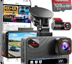 4K+4K Dash Cam Front and Rear, Free 128GB Card Included, 5.8GHz WiFi Dash Camera for Cars, Built-in GPS, G-Sensor, 170°Wide Angle, 3" IPS Screen, 24H Parking Mode, Support 512GB Max